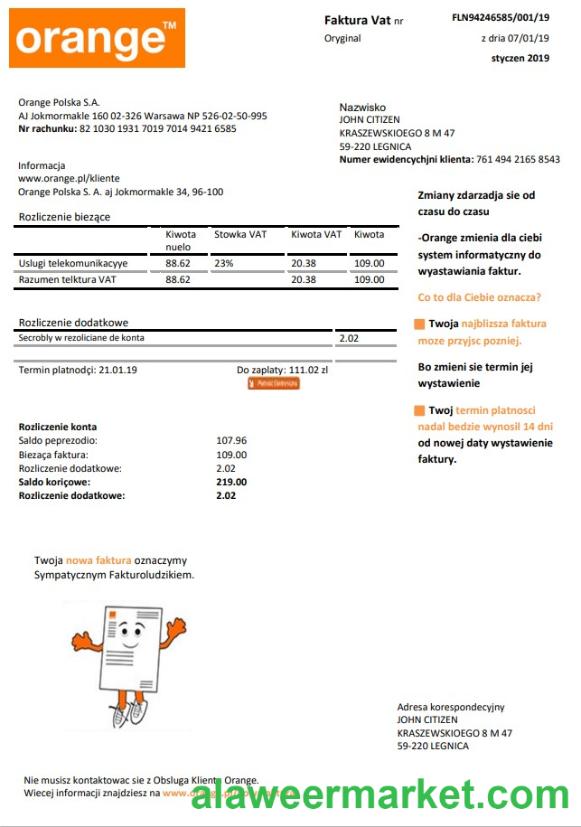 Poland Orange utility bill template in Word and PDF format